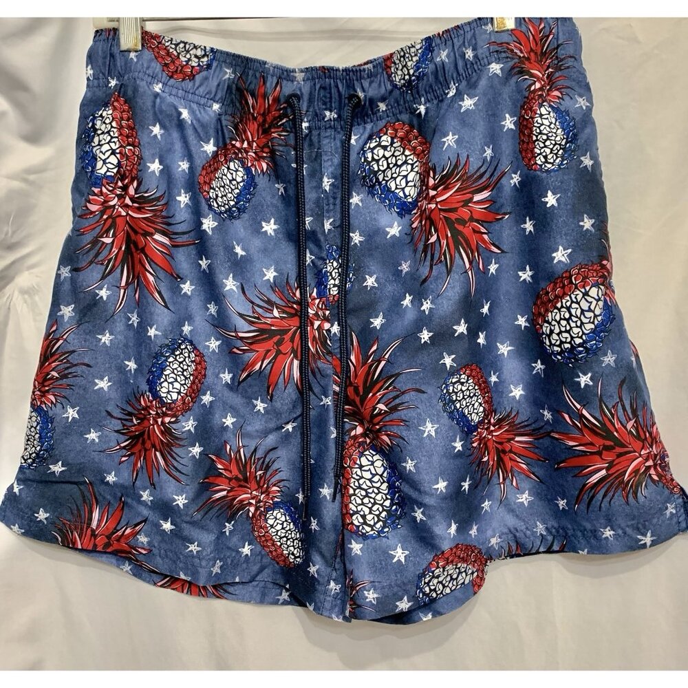 Mens Bathing Suit Trunks Size Large 36-38 Red White Blue Pineapples Stars George
